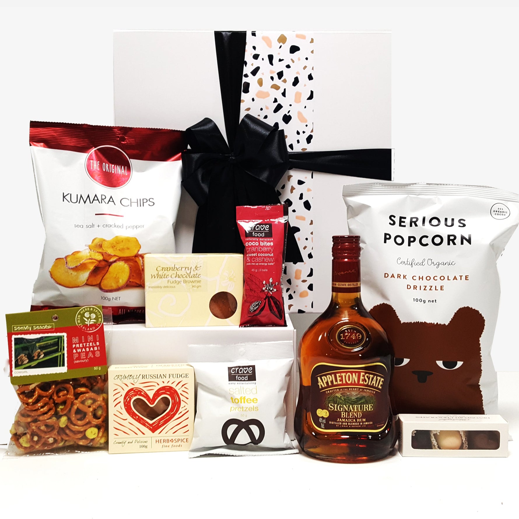 Alcoholic gift basket with Appletons rum, chocolate, fudge, chips and more.