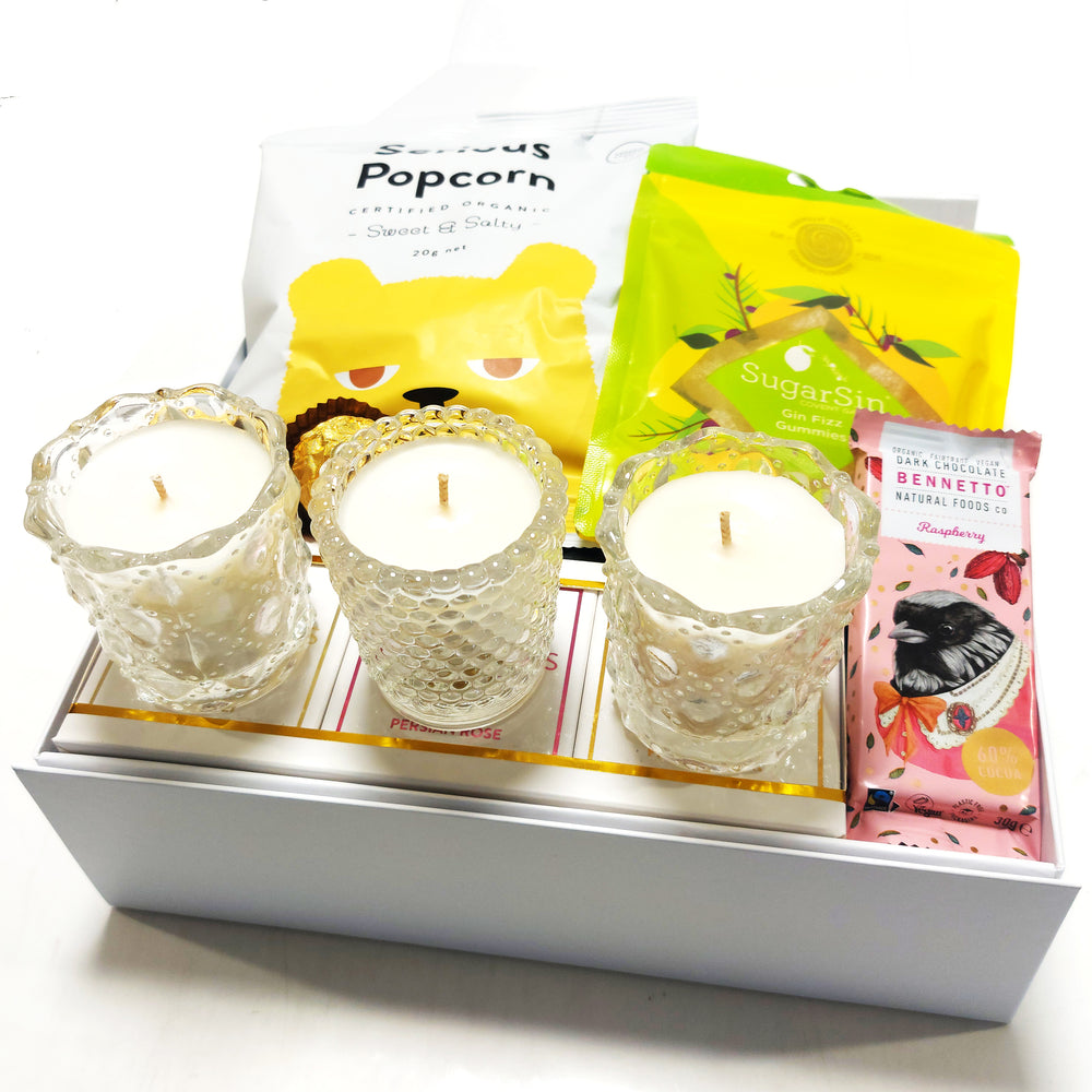 Gift Hamper with three Downlights mini candles gift set & sweets. Presented in a modern gift box.