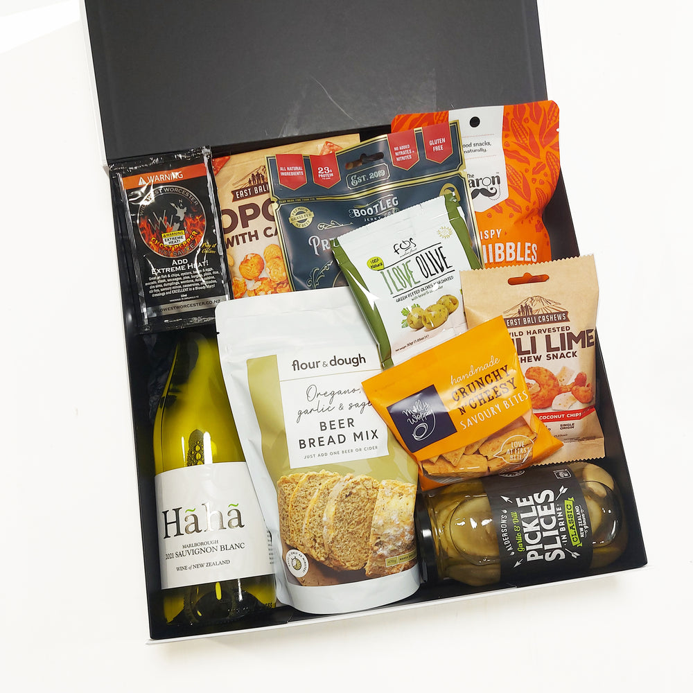Mens Gift Basket with wine, jerky, pickles, whisky pickled carrots and more all beautifully presented in a modern gift box