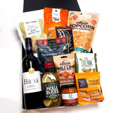 Mens Gift Basket with wine, jerky, pickles, whisky pickled carrots and more all beautifully presented in a modern gift box.
