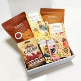 Gluten Free & Dairy Free Chocolate Lovers Gift Hamper with Chocolate, Cookies and Cashews. Presented in a modern Gift Box