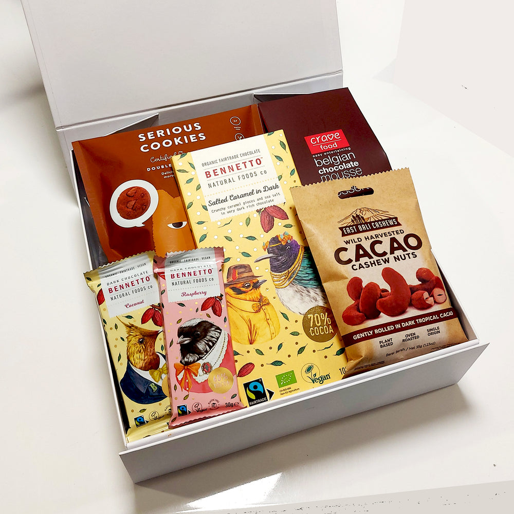 Gluten Free & Dairy Free Chocolate Lovers Gift Hamper woth Mousse, Cacao Cashews, Cookies & Chocolate. Presented in a Modern Gift Box.