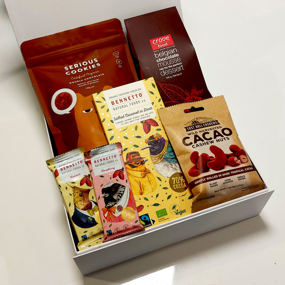 Gluten Free & Dairy Free Chocolate Lovers Gift Hamper woth Mousse, Cacao Cashews, Cookies & Chocolate. Presented in a Modern Gift Box.