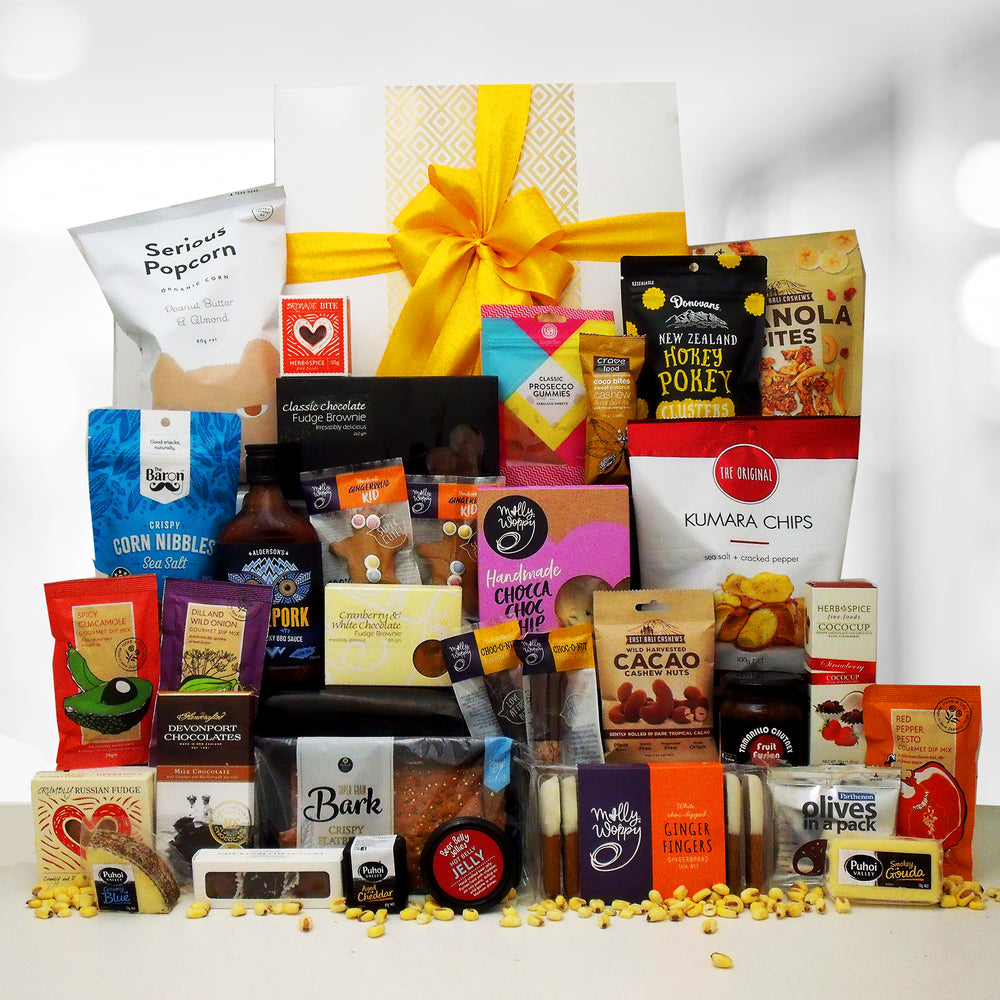 Eat.Sleep.Repeat large corporate gift hamper. Non alcoholic. cheese, jelly, gingerbread, chips, pocorn, chutney, dips, brownie and loads more.
