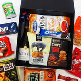 Fridays on the Mind Gift Basket with Wine, Chips, tim Tams, Mallowpuffs, Maltesers, whittaker and cadbury chocolate and more presented in a modern Gift Box.