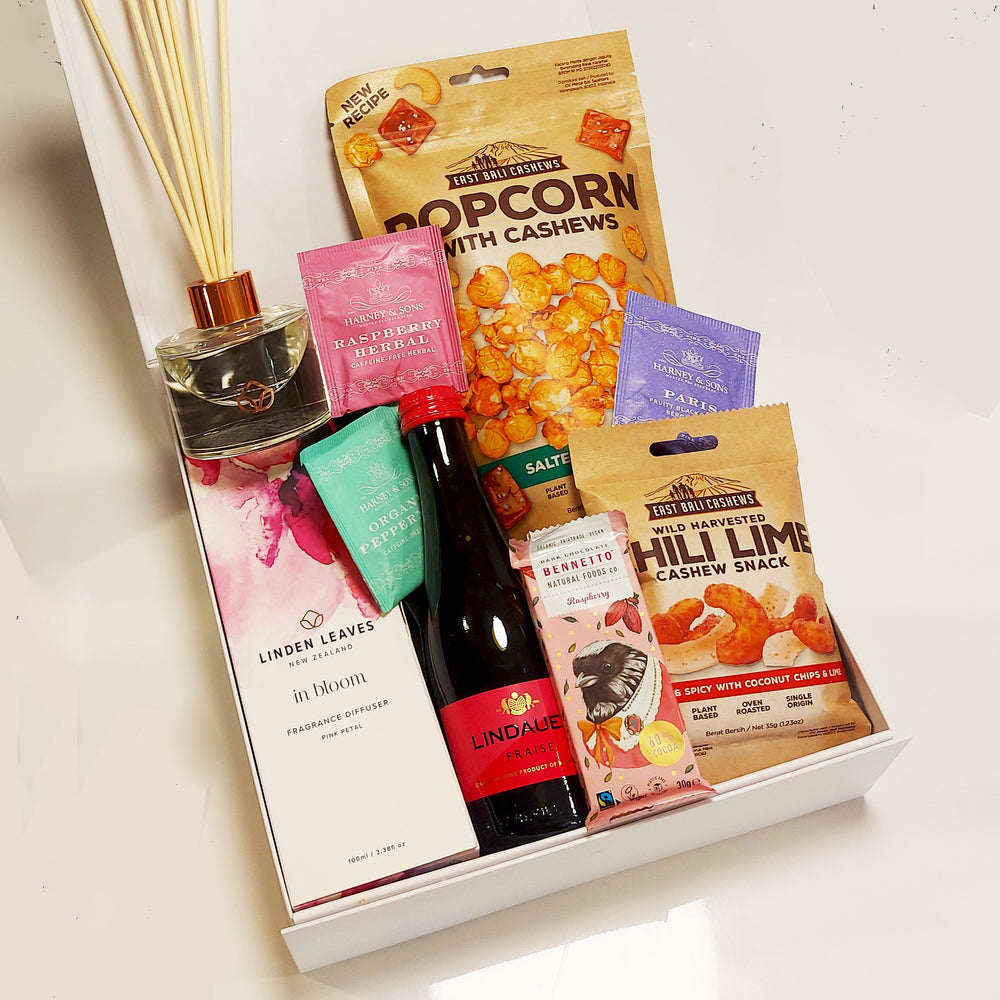 Gluten Free & Dairy Free Gift Hamper with Linden Leaves Room Diffuser, Lindauer, Tea, Popcorn, Cashews & Chocolate. Presented in a modern Gift Box.