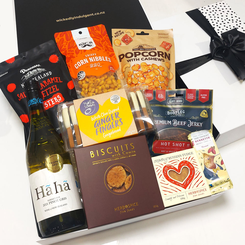 Happy Hour Gift Basket with wine, biscuits, chocolate, fudge, jerky and nibbles presented in a modern gift box.