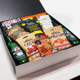 Just for him gift basket for men with Beer. Nuts, Chips, Chocolate & more presented in a modern gift box.