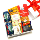 Christmas gift basket for men with beer, nibbles, steam pudding & chocolate all presented in a modern gift box.