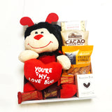 Romantic gift basket with soft toy, fudge, brownie, & chocolate presented in a modern gift box.