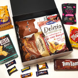 Mum-a-licious mothers day gift basket with tim tams, maltesers, chips & cookies presented in a modern gift box.