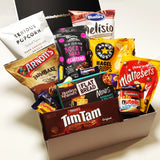 Mum-a-licious mothers day gift basket with tim tams, maltesers, chips & cookies presented in a modern gift box.