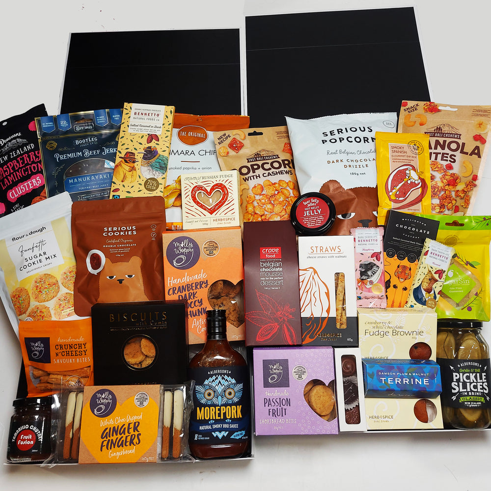 Pick N Mix large corporate gift basket with Chutney, Sauces, Chocolates and loads of snacks, all presented in two Modern Gift Boxes.