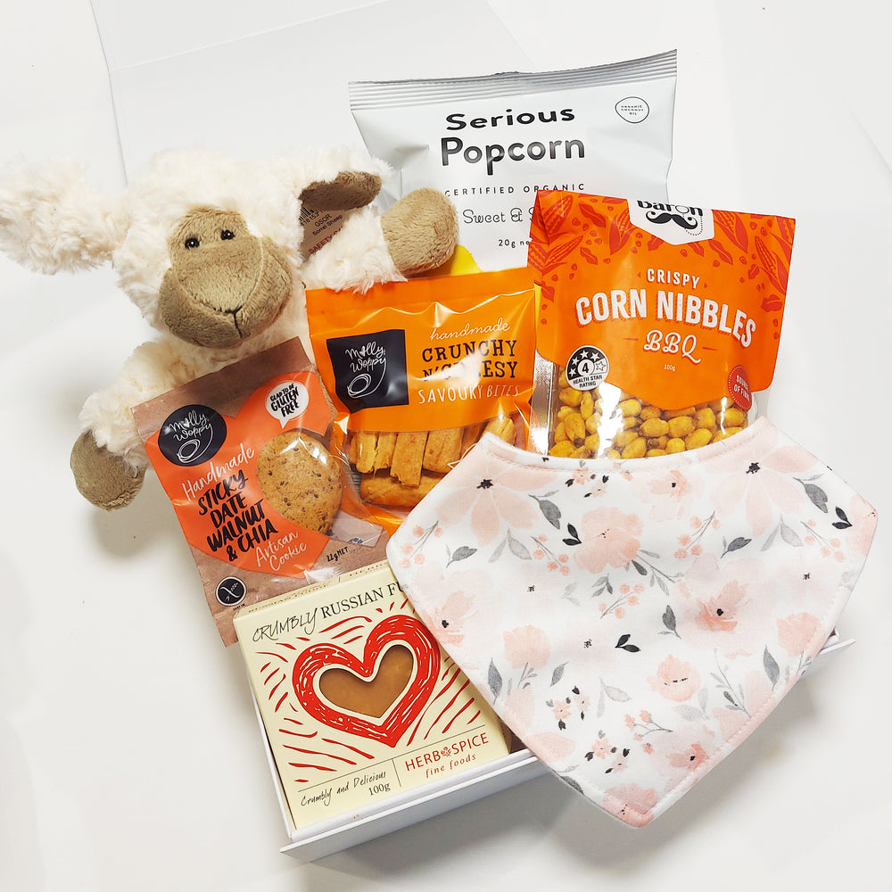 Baby Gift Basket with Soft Toy, Dribble Bib & yummy snacks. Presented in a modern Gift Box.