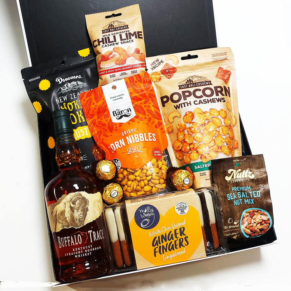 Sip & Snack Bourbon Gift Hamper with Popcorn, Chocolate, Cashews, & More. All presented in a modern Gift Box.
