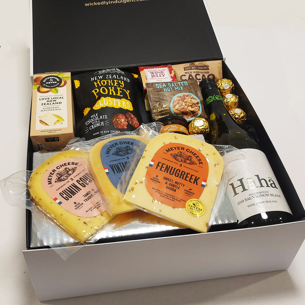 Tasty Treats Gift Basket with Cheese & Condiments, Wine, Nuts & Chocolate presented in a Gift Box