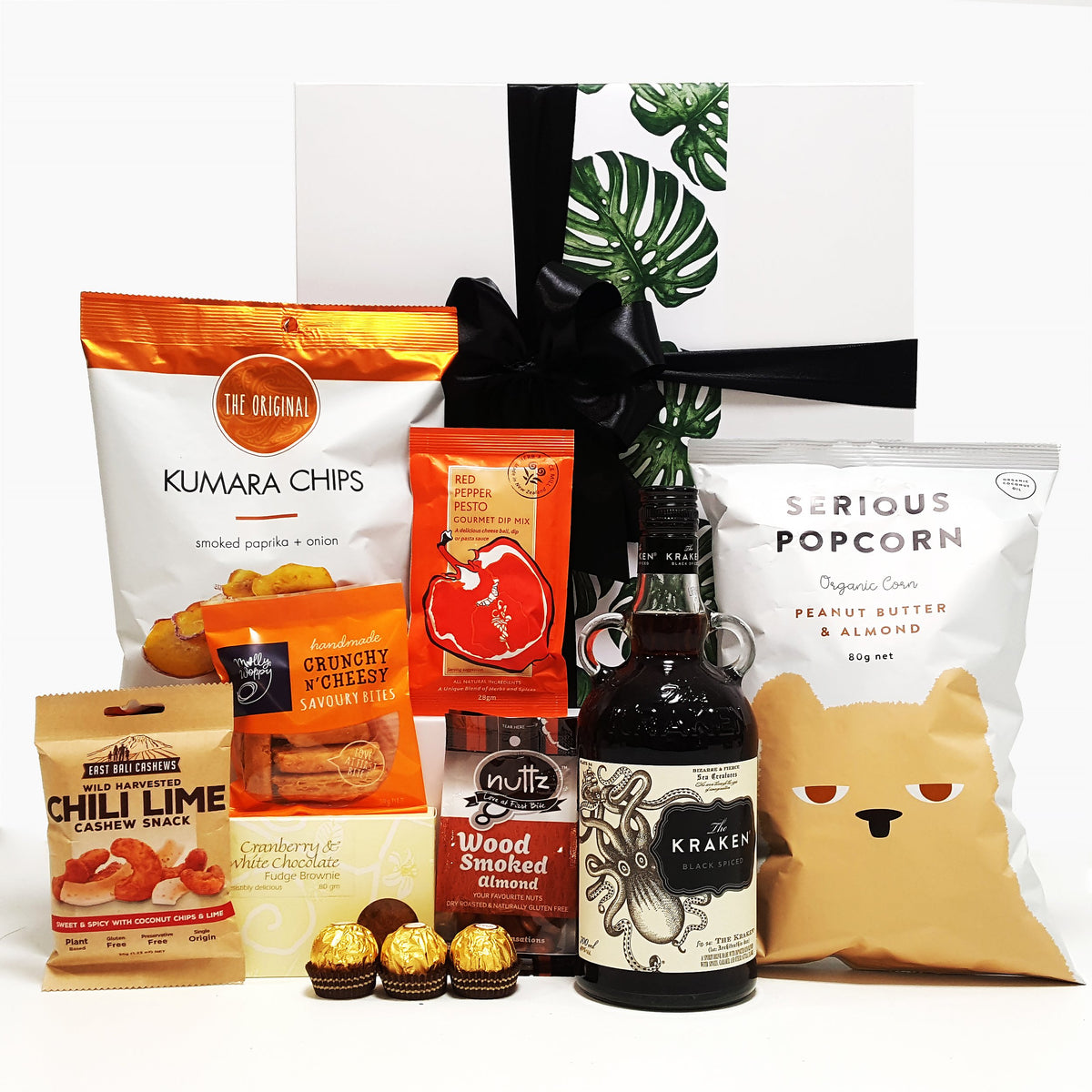Kraken rum gift hamper with kumara chips, popcorn, nuts, brownie and cheesy bites all presentde in a modern gift box.