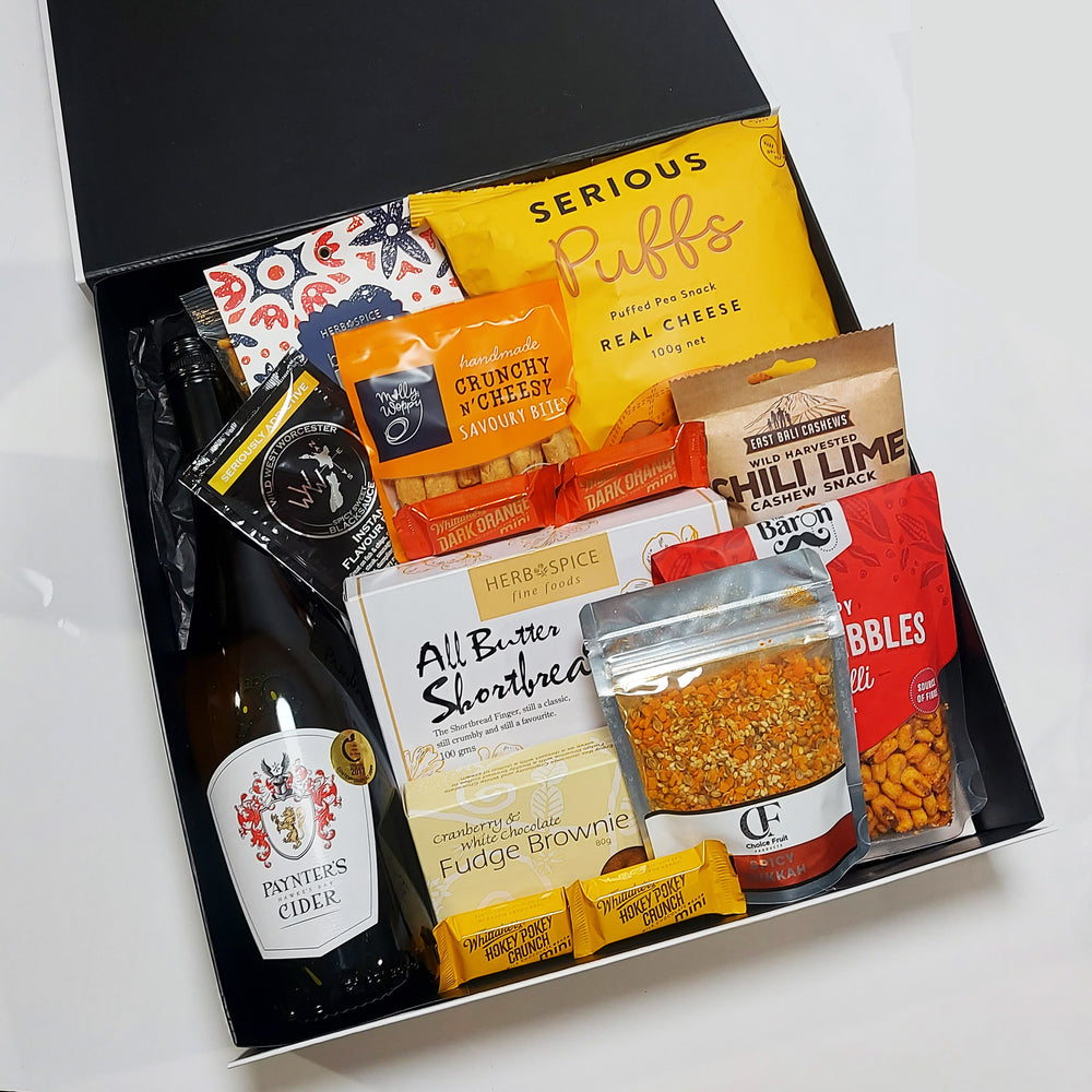 Paynter's Cider Gift Basket with 750ml cider and sweet and savoury gourmet food. Presented in a modern Gift Box.