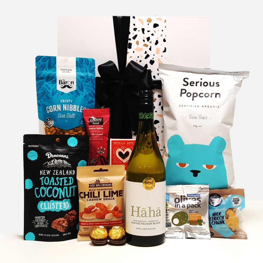 Wine O'Clock gift basket with Wine, Bliss Balls, Chocolate, nuts & Popcorn all presented in a modern gift Box.